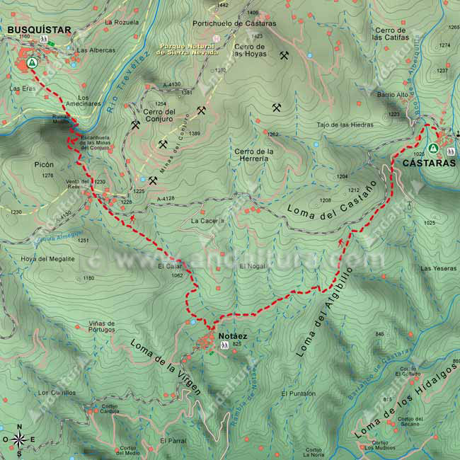Mapa de la etapa entre Busquístar y Cástaras, del Sendero de Gran Recorrido GR-142