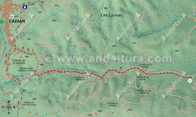 Mapa del gr142 desde la Venta de Cuatro Caminos (Cádiar) hasta el desvío de la Rambla del Repenil