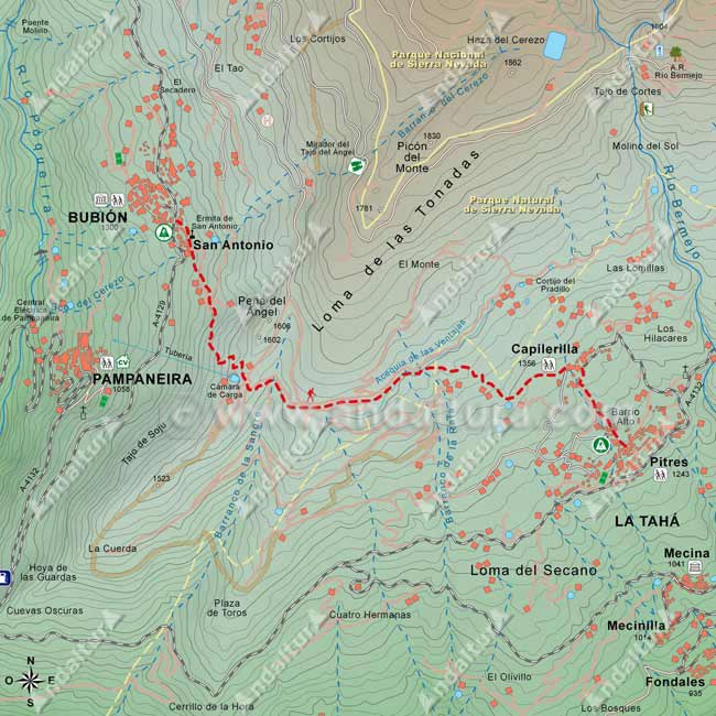 Mapa del Sendero de Gran Recorrido E-4 / GR-7 que une las localidades de Bubión y Pitres, pasando por Capilerilla