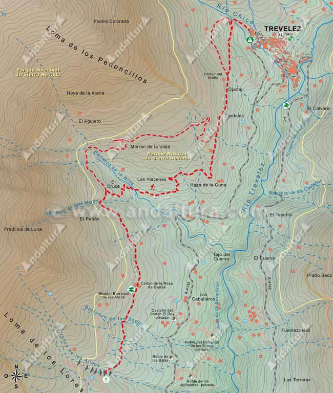 Mapa del Sendero de Gran Recorrido E-4 / GR-7 que une los municipios de Busquístar y Trevélez, desde el Barranco de los Alisos