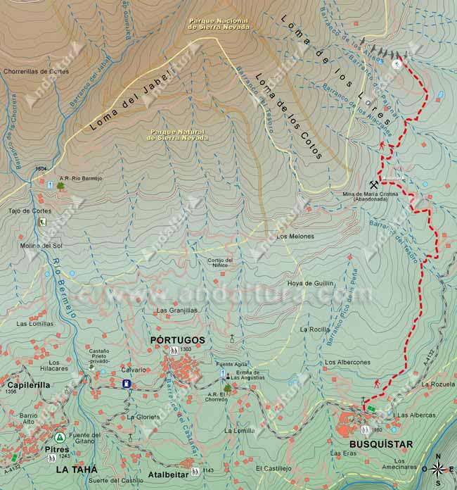 Mapa del Sendero de Gran Recorrido E-4 / GR-7 que une los municipios de Busquístar y Trevélez, hasta el Barranco de los Alisos