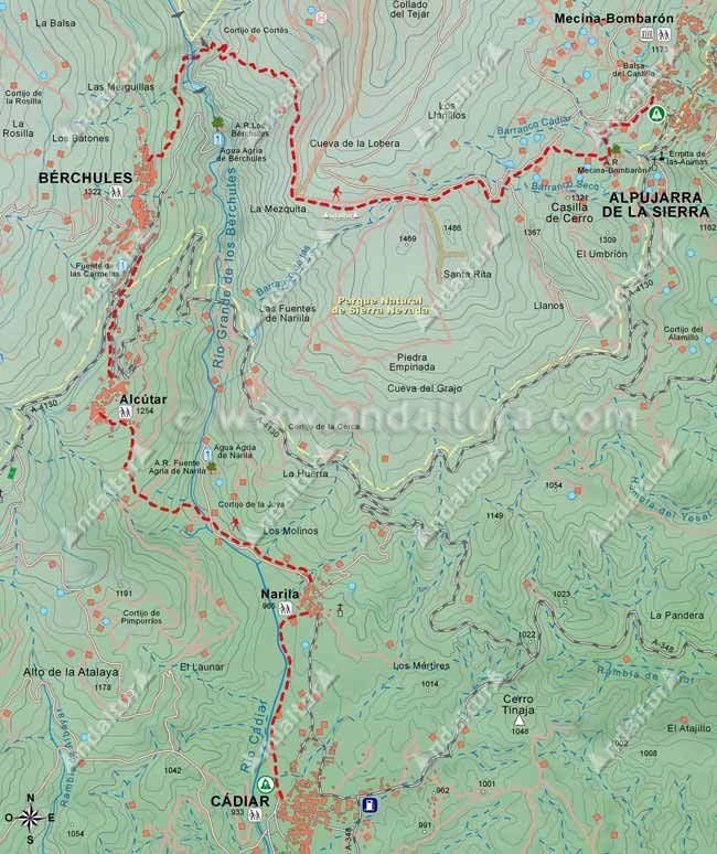 Mapa del Sendero GR-7 desde Cádiar hasta Mecina-Bombarón pasando por las localidades de Narila, Alcútar y Bérchules