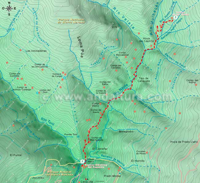Mapa de senderismo por la Alta Montaña, desde la Central Eléctrica del Poqueira al Cortijo de las Tomas