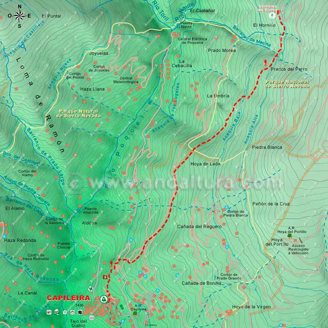 Mapa de Senderismo por la Alta Montaña desde Capileira a los Corrales de Pitres, hacia el Mulhacén