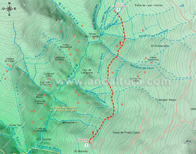 Mapa de Senderismo por la Alta Montaña desde los Corrales de Pitres al Cortijo de las Tomas, hacia el Mulhacén