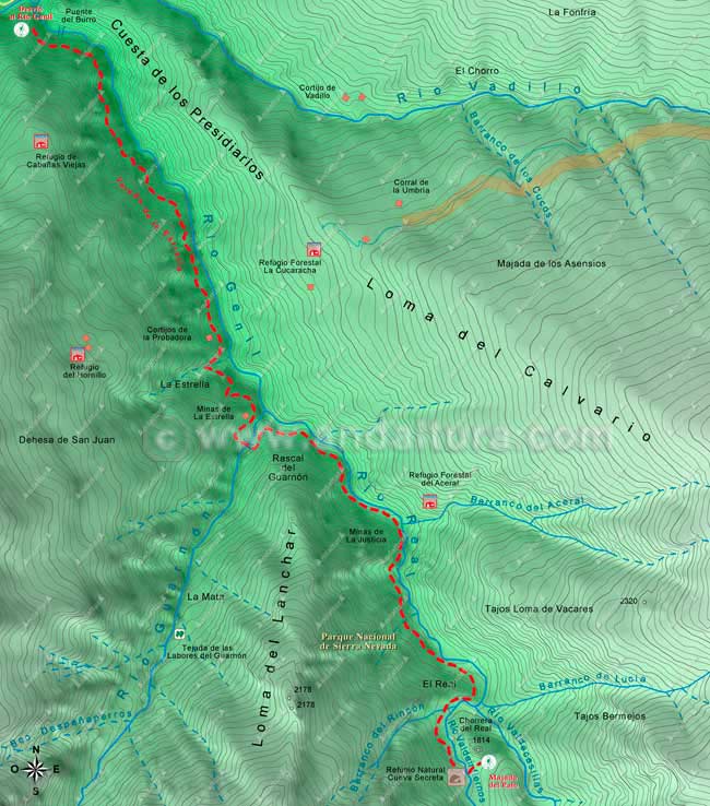 Mapa de la ruta de senderismo por la Vereda de la Estrella hasta la Majada del Palo, hacia el Mulhacén
