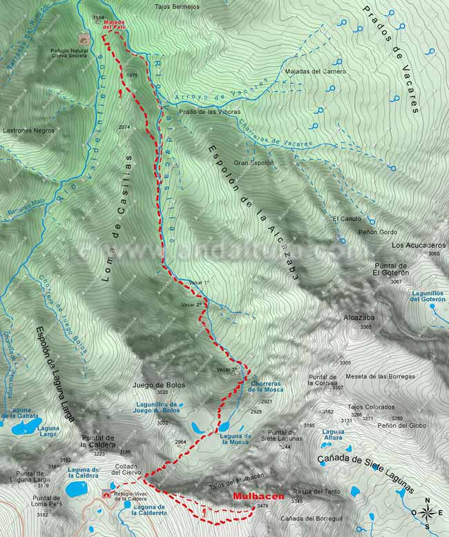Mapa de la ruta de Senderismo desde Güéjar-Sierra al Mulhacén, desde la Majada del Palo