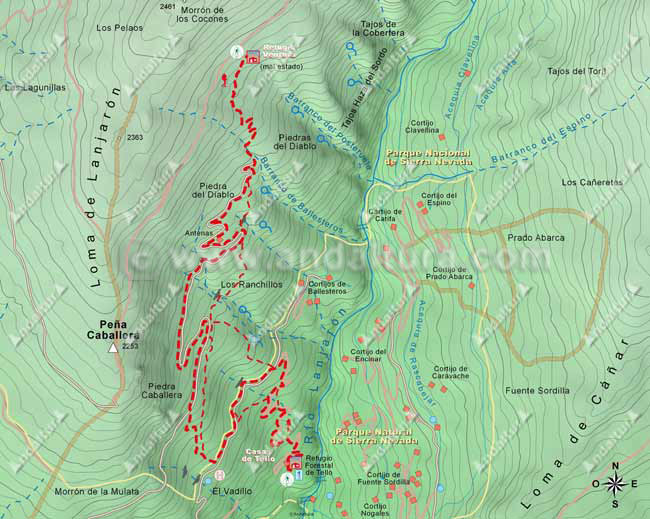 Mapa del segundo tramo de la ruta de Lanjarón hasta el Cerro del Caballo por el río Lanjarón