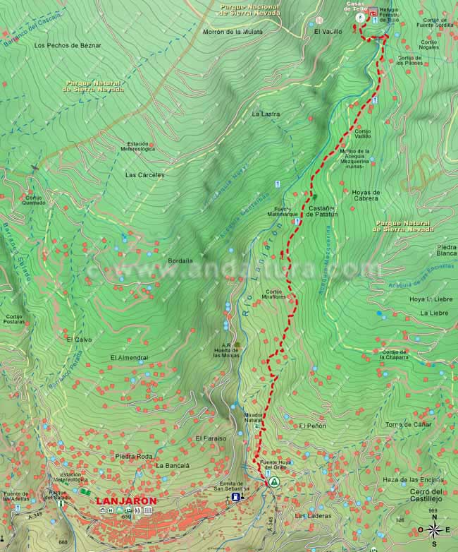 Mapa del primer tramo de la ruta de Lanjarón hasta el Cerro del Caballo por el río Lanjarón
