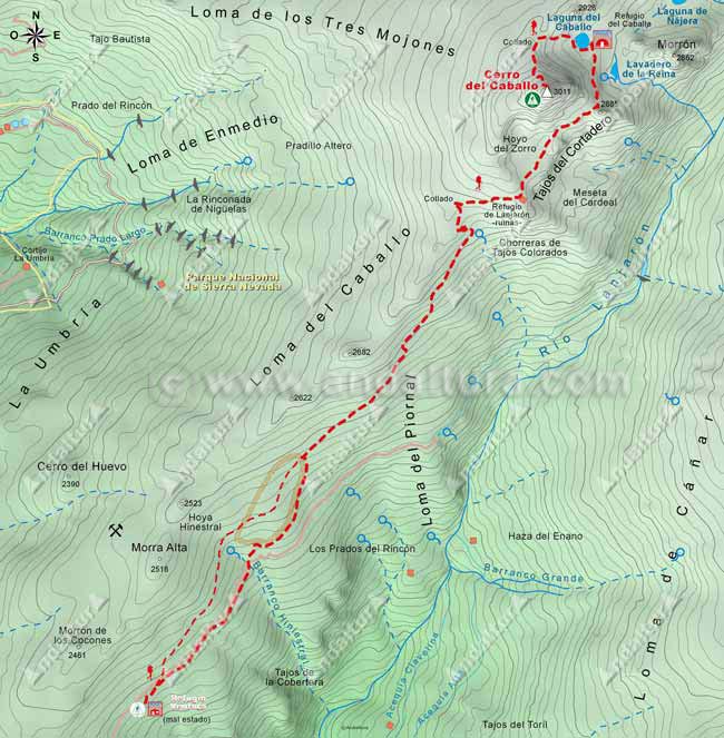 Mapa de Senderismo desde el Refugio Ventura hata el Cerro del Caballo,pasando por el Hoyo del Zorro y la Laguna y Refugio del Caballo