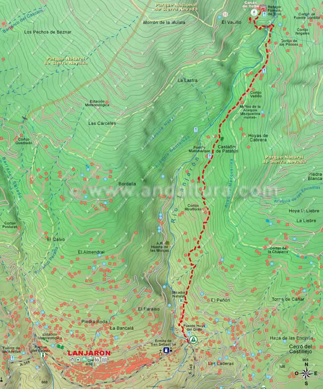 Mapa del primer tramo de la ruta de Lanjarón hasta el Cerro del Caballo