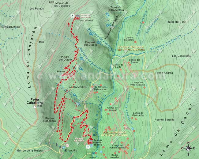 Mapa del segundo tramo de la ruta de senderismo desde Lanjarón al Cerro del Caballo por la Loma del Caballo