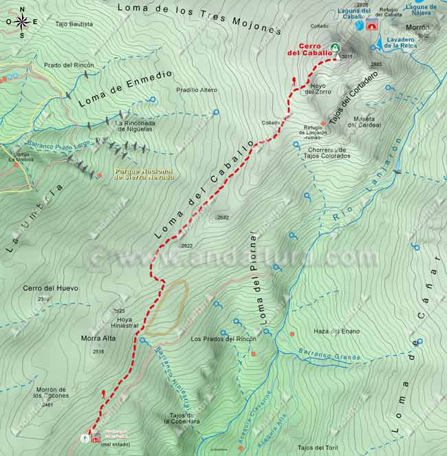 Mapa desde el Refugio Ventura al Cerro del Caballo por la Loma de Lanjarón
