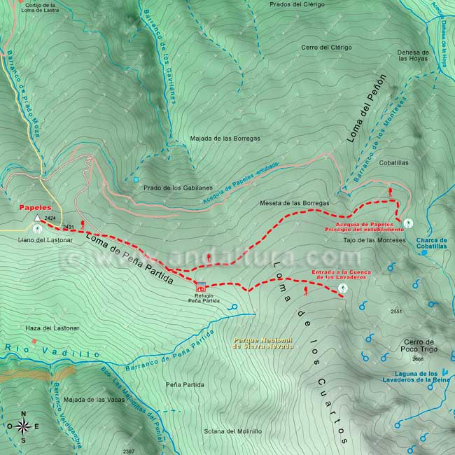 Mapa desde el Vértice Geodésico Papeles hasta la entrada a la Cuenca de los Lavaderos de la Reina