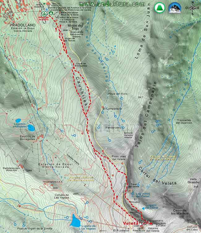 Mapa de la ruta de senderismo y escalada desde la Hoya de la Mora al Veleta, por la Vía Fidel Fierro
