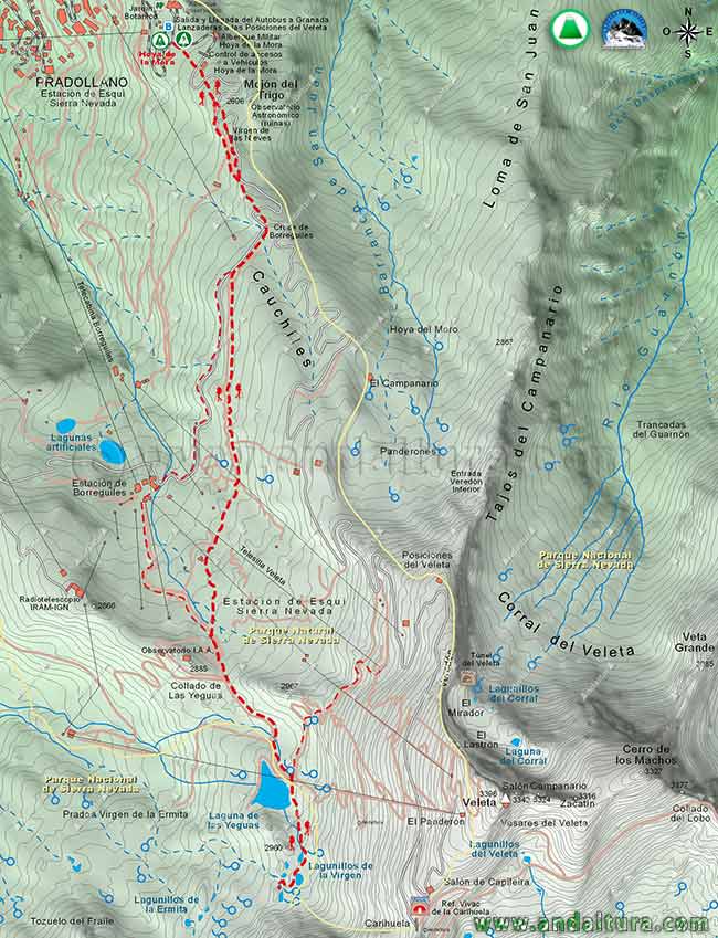 Mapa de la ruta desde la Hoya de la Mora hasta los Lagunillos de la Virgen