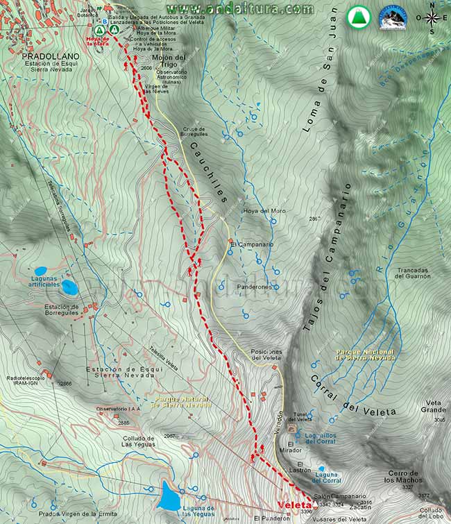 Mapa de la ruta de Senderismo desde la Hoya de la Mora al Veleta
