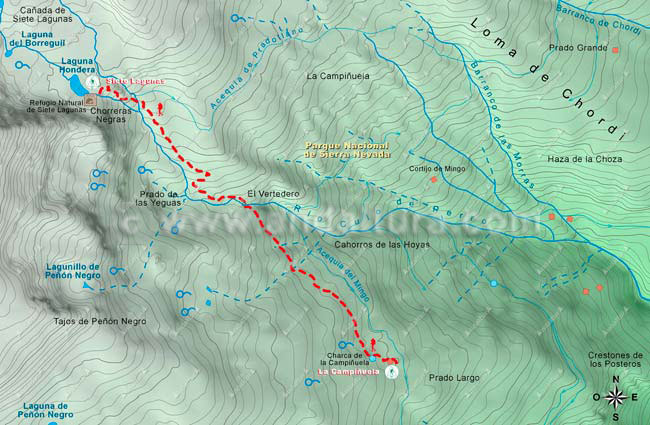 Mapa del Sendero desde La Campiñuela a la Cañada de 7 Lagunas