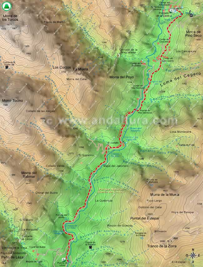 Mapa ruta BTT desde el Puente de Lézar hasta el Poblado de la Central y al Cortijo del Nacimiento