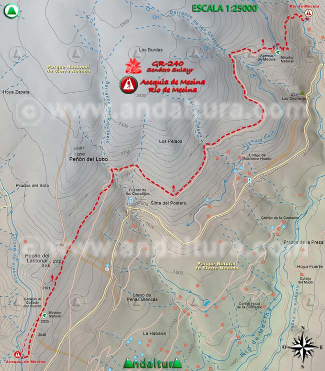 Mapa del tramo 15 del Sendero Sulayr, GR 240, entre la Acequia de Mecina y el río del mismo nombre