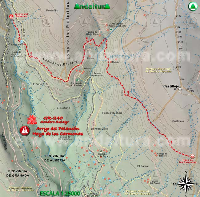 Mapa del tramo 19 del Sendero Sulayr, GR 240, entre el Arroyo del Palancón y la Hoya de los Carmonas