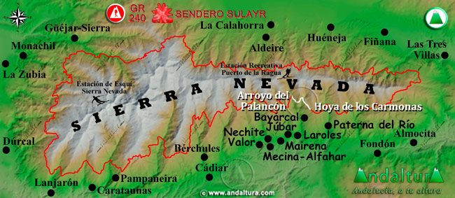 Mapa de Sierra Nevada donde se indica el tramo 19 entre el Arroyo del Palancón y la Hoya de los Carmonas