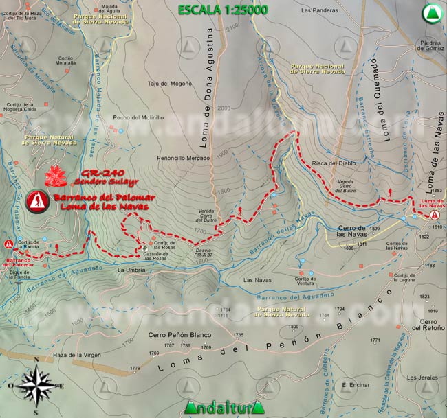 Mapa del tramo 22 del Sendero Sulayr, GR 240, entre el Barranco del Palomar y la Loma de las Navas