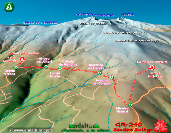 Mapa en relieve sobre el recorrido del tramo 35 del Gran Recorrido GR-240