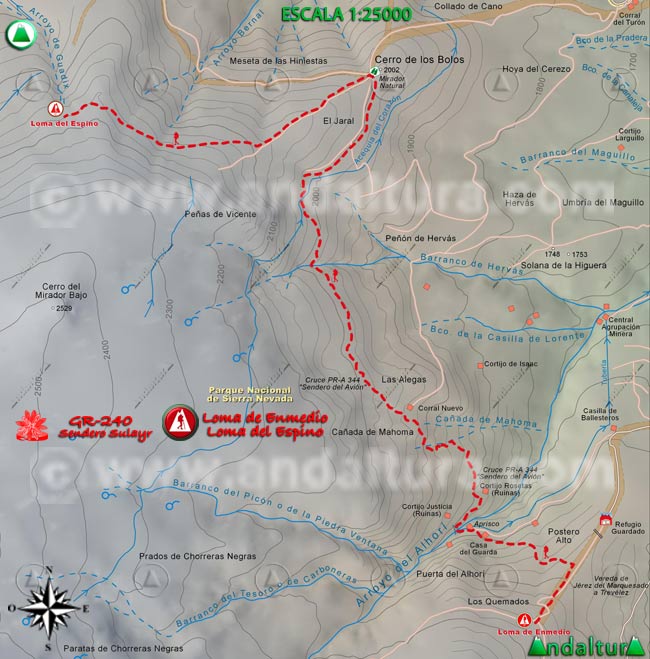 Mapa del tramo 35 del Sendero Sulayr, GR 240, entre la Loma de Enmedio y la Loma del Espino