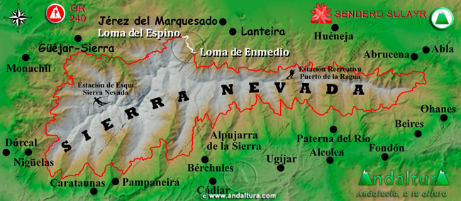 Mapa de Sierra Nevada donde se indica el tramo 35 entre la Loma de Enmedio y la Loma del Espino
