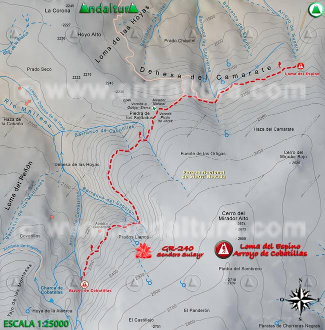 Mapa del tramo 36 del Sendero Sulayr, GR 240, entre la Loma del Espino y el Arroyo de Cobatillas
