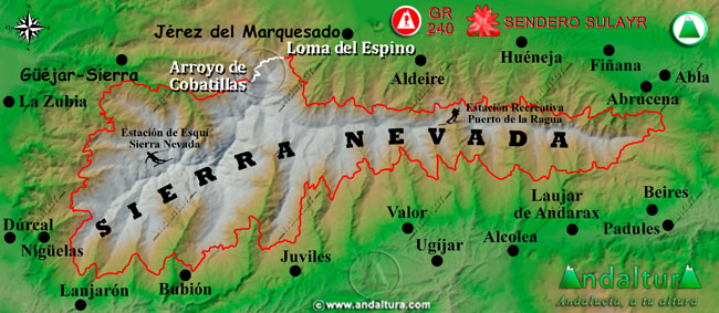 Mapa de Sierra Nevada donde se indica el tramo 36 entre la Loma del Espino y el Arroyo de Cobatillas