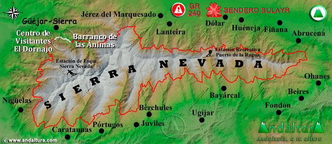 Mapa de Sierra Nevada donde se indica el tramo 40 entre el Barranco de las Ánimas al Centro de Visitantes El Dornajo