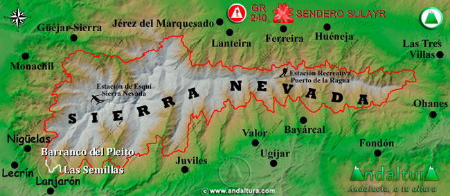 Mapa de Sierra Nevada donde se indica el tramo 6 entre el Barranco del Pleito y Las Semillas