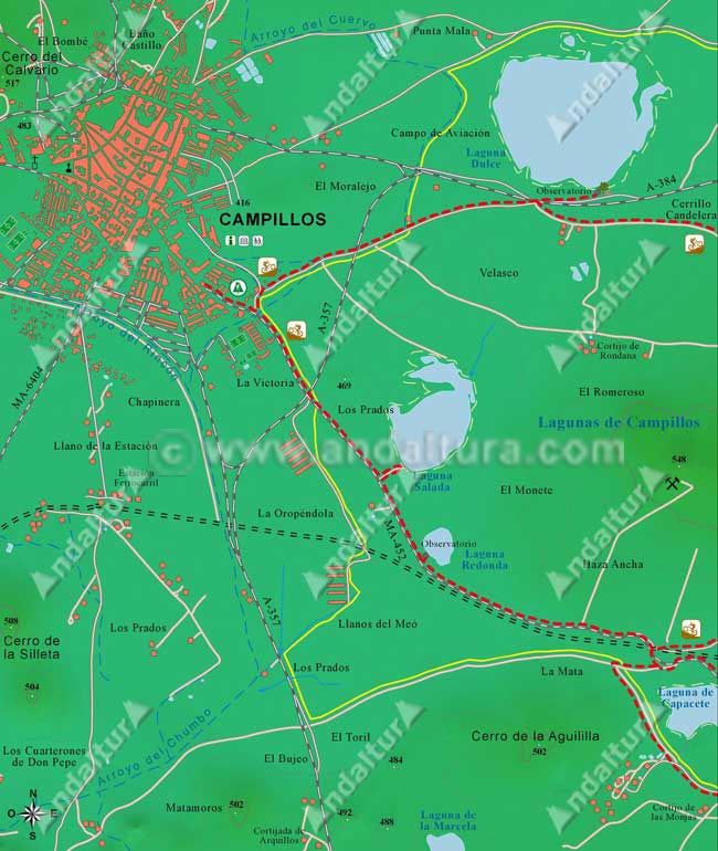 Mapa para BTT por las Lagunas de Campillos, zona del inicio y del regreso al municipio