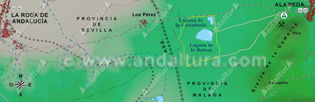 Mapa de Situación de la Reserva Natural Laguna de la Ratosa, entre Alameda (Málaga) y la Roda de Andalucía (Sevilla)