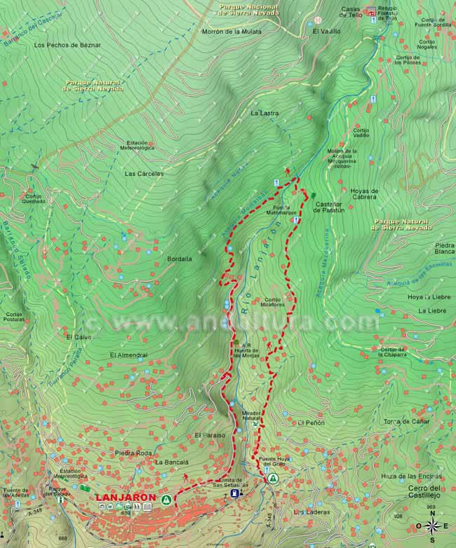 Mapa de senderismo de la ruta por el Castañar de Lanjarón