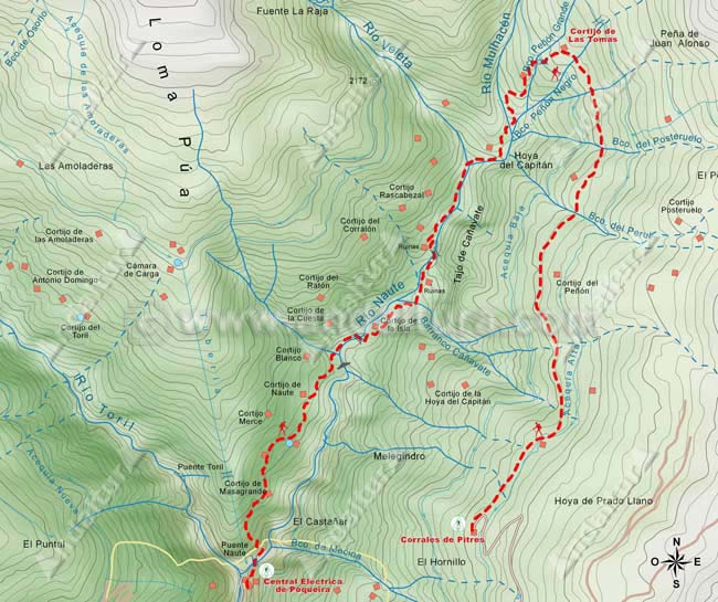 Mapa desde La Cebadilla al Cortijo de las Tomas y descenso a los Corrales de Pitres