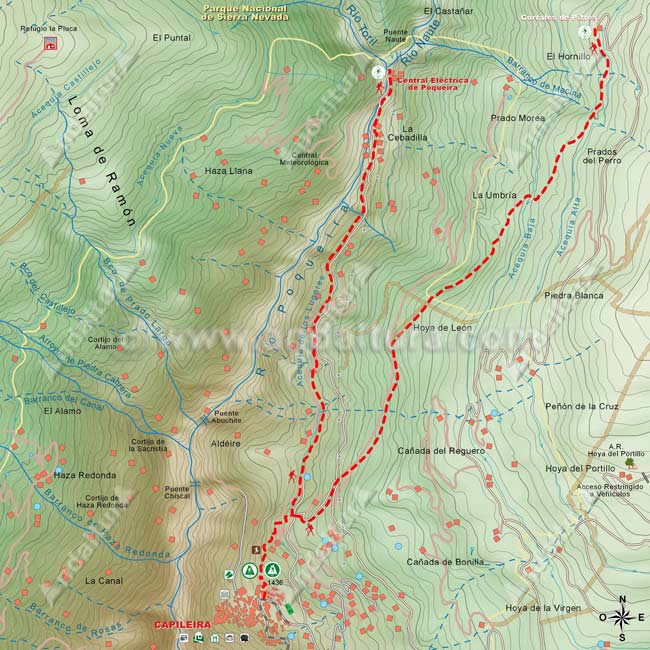 Mapa para ascender desde Capileira hasta La Cebadilla y para el descenso desde los Corrales de Pitres al municipio