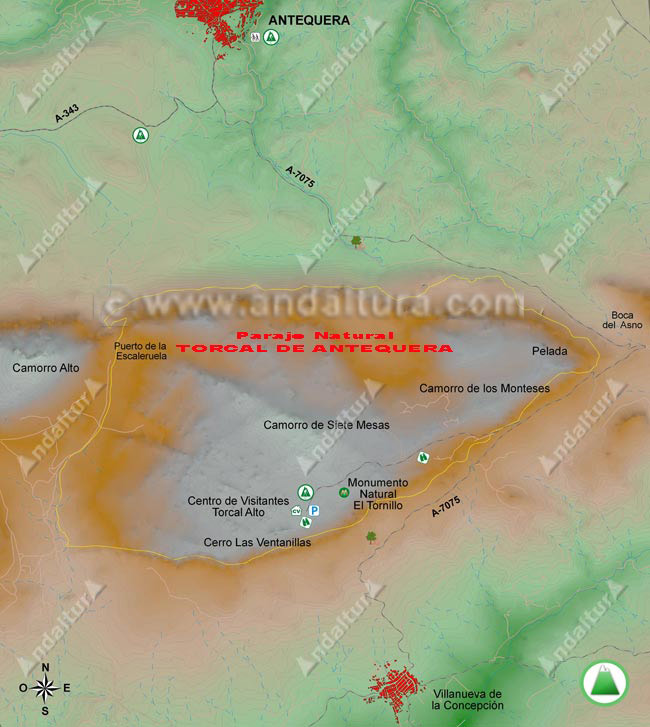 Mapa del Torcal de Antequera, se encuentran marcados los puntos de inicio de nuestras rutas