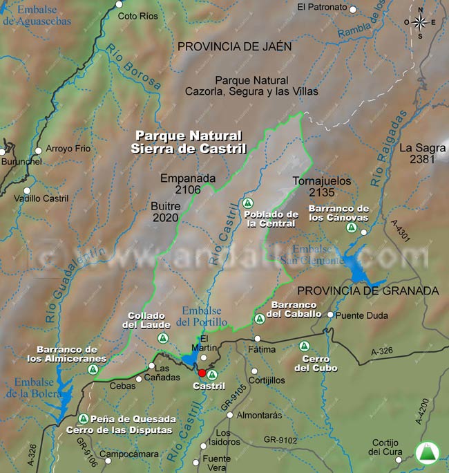 Mapa de la situación del inicio de las rutas de senderismo del Parque Natural Sierra de Castril