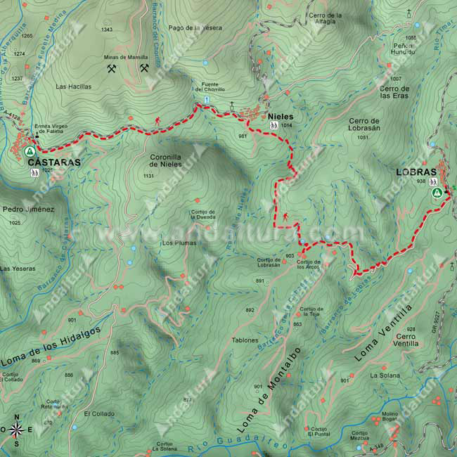Mapa del Gran Recorrido GR-142, que une los municipios de Cástaras, Nieles y Lobras, que bordea la Coronilla de Nieles y el Cerro de Lobrasán y cruza los barrancos de Fuente Medina, de la Cabaña, de Lobras y la Rambla de Nieles