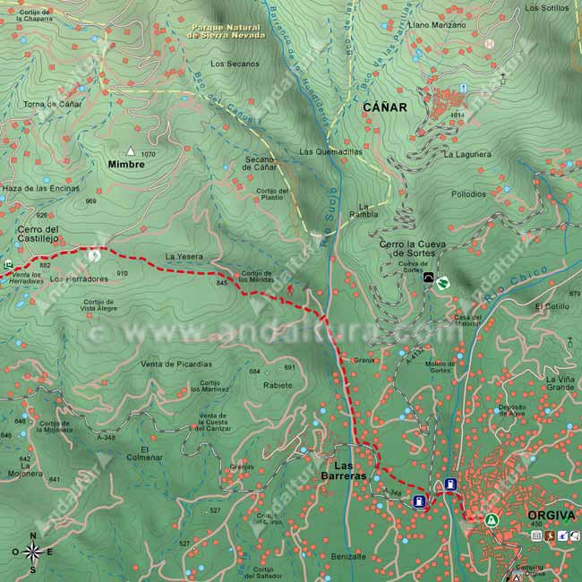 Mapa del GR-142 entre "Los Herradores" y Órgiva