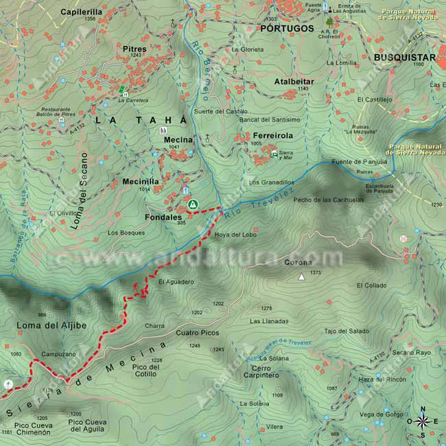 Mapa del tramo del GR142 que desciende desde la Sierra de Mecina hasta Fondales (La Taha)