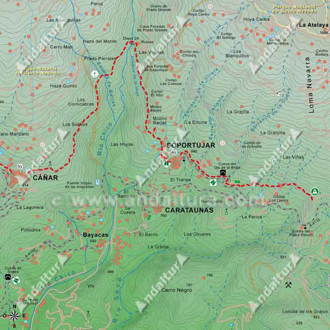 Mapa del GR-7 entre Cañar hasta la Pista de la Ermita del Padre Eterno al Área de Acampada Puente Palo, pasando por Soportújar