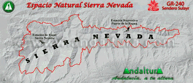 Mapa de los límites del Parque Natural y Nacional del Espacio Natural de Sierra Nevada con el Sendero Sulayr indicado