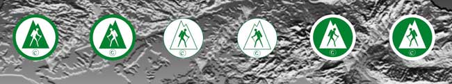 Iconos que aparecen en los mapas de Andaltura para indicar el inicio, continuación y final de los senderos