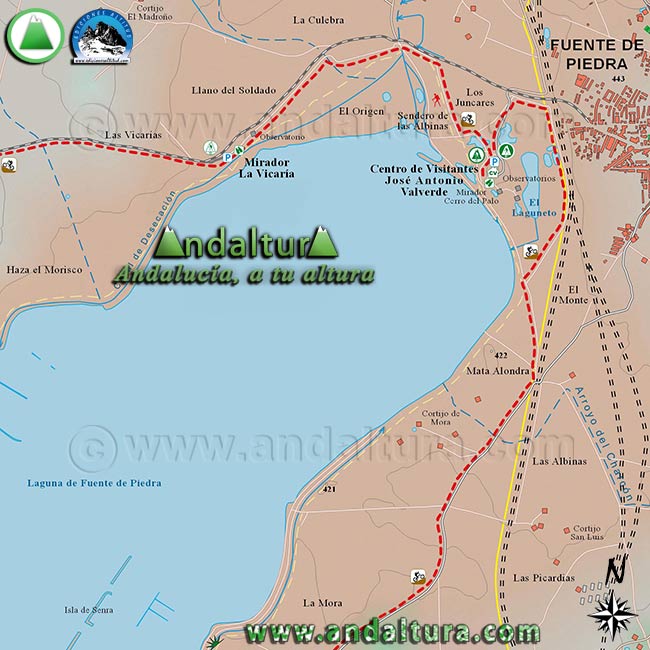 Mapa de Senderismo y BTT por Fuente de Piedra, zona norte y oeste de la Reserva Natural Fuente de Piedra