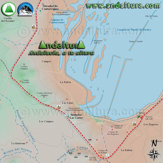 Mapa de Senderismo y BTT por Fuente de Piedra, zona sur y este de la Reserva Natural Fuente de Piedra