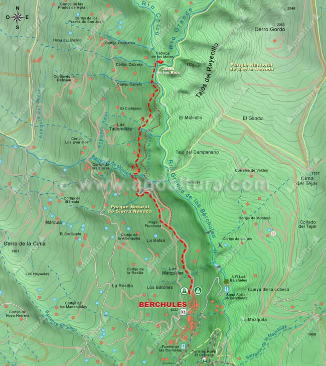 Mapa de la ruta de senderismo desde Bérchules a la Junta de los Ríos